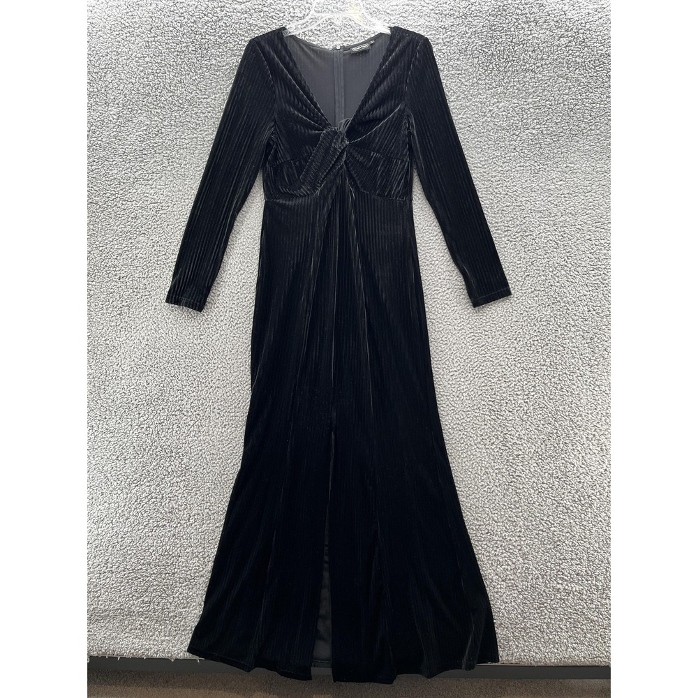 Voodoo Vixen Dress Large Black Ribbed Velvet Edith Gown Retro Goth Morticia Maxi